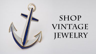 Vintage Crown Trifari jewelry 1960s anchor brooch pin white blue enamel gold, ocean sailing ship