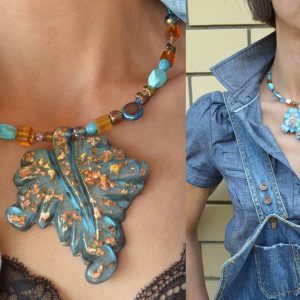 Handmade Choker Leaf Pendant Necklace Mixed Vintage Beads Womens Fashion Jewelry