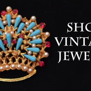 Royal regal crown brooch pin gold turquoise pearl ruby, HAR Vintage jewelry 1960s