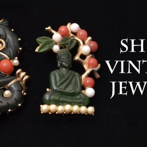 Buddha Dragon pins brooches Jade Coral, Asian figural Vintage jewelry 1960s, Mens & Womens Gifts