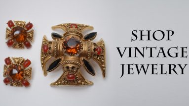 Vintage Maltese Cross brooch pin pendant & clip on earrings sets, Renaissance jewelry 1960s