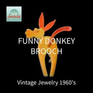 Funny donkey brooch pin enamel yellow orange Animal jewelry 1960s, Vintage Gift