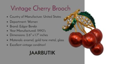 Vintage Cherry fruit enamel brooch gold red green, Limited edition jewelry 1990’s