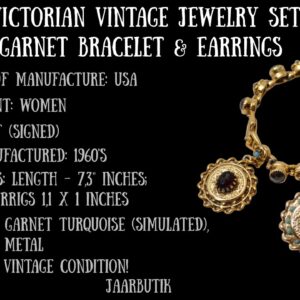 VICTORIAN VINTAGE JEWELRY GARNET CHARM BRACELET & EARRINGS SET 1960’S GOLD TURQUOISE