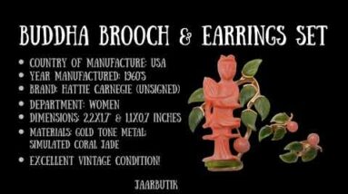 BUDDHA PIN BROOCH EARRINGS SET VINTAGE JADE CORAL HATTIE CARNEGIE JEWELRY 1960'S